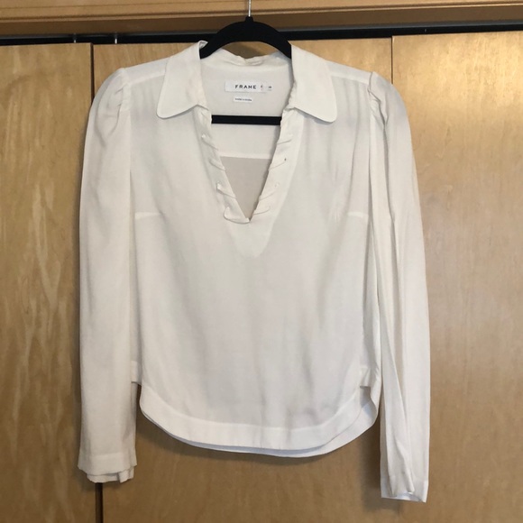 FRAME Whipstitch V-Neck Blouse Top, Off White - Picture 2 of 8